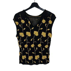 Vintage 60s Stylebest Black Gold Floral Rayon Boucle Knit Wide Shoulder Top Medi